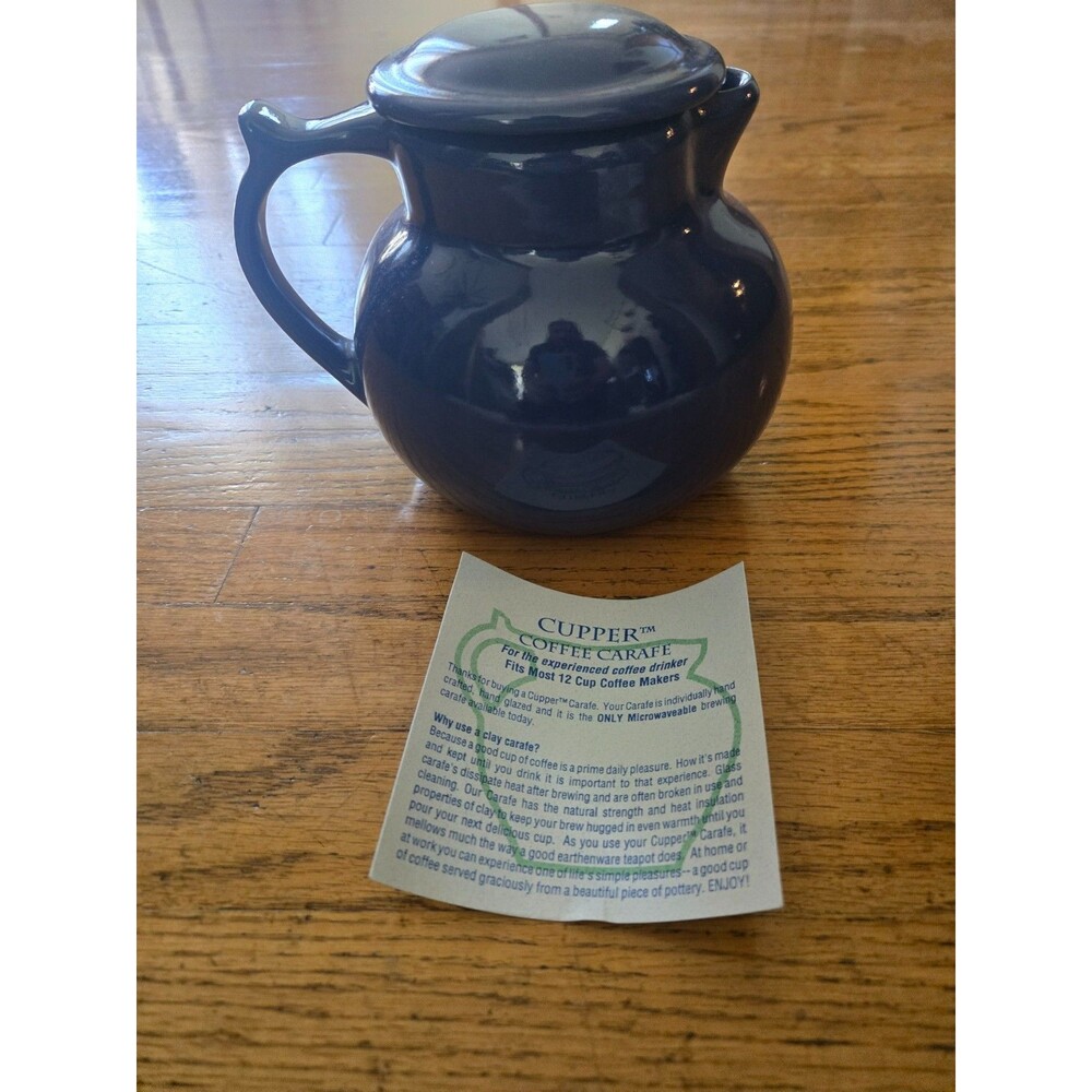 Christian Ridge Pottery Cupper Coffee Carafe with Lid Blue glossy USA Vintage 94